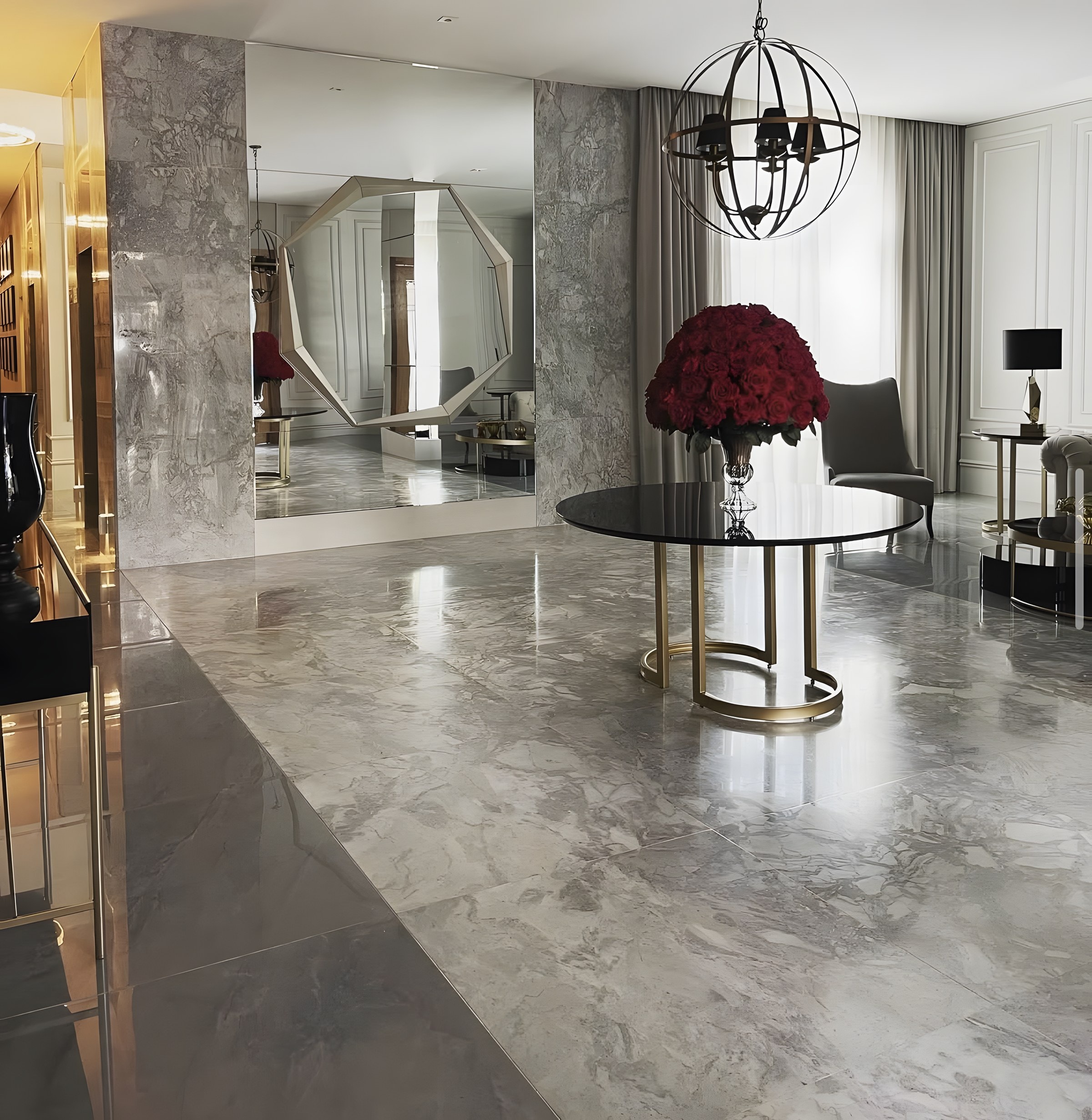Hall residencial com piso em mármore